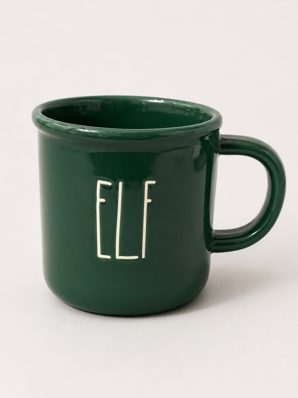 Rae Dunn ELF Christmas Festive Coffee Mug White Green Holiday Ceramic Cup